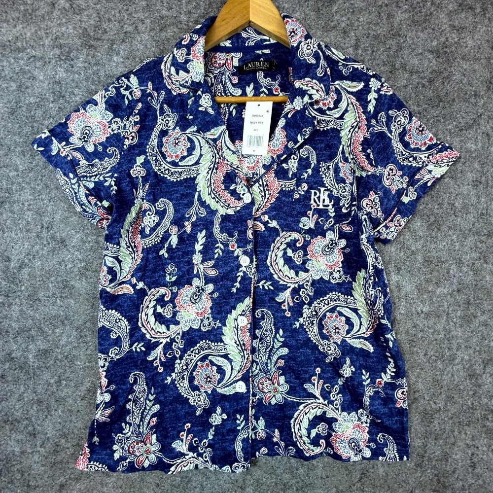 Lauren Ralph Lauren Pajama Shirt Womens Medium Navy Paisley Print Camp Collar